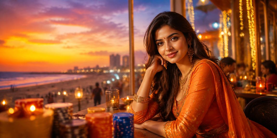 Player enjoying mobile slots gambling at Chennai Marina Beach evening